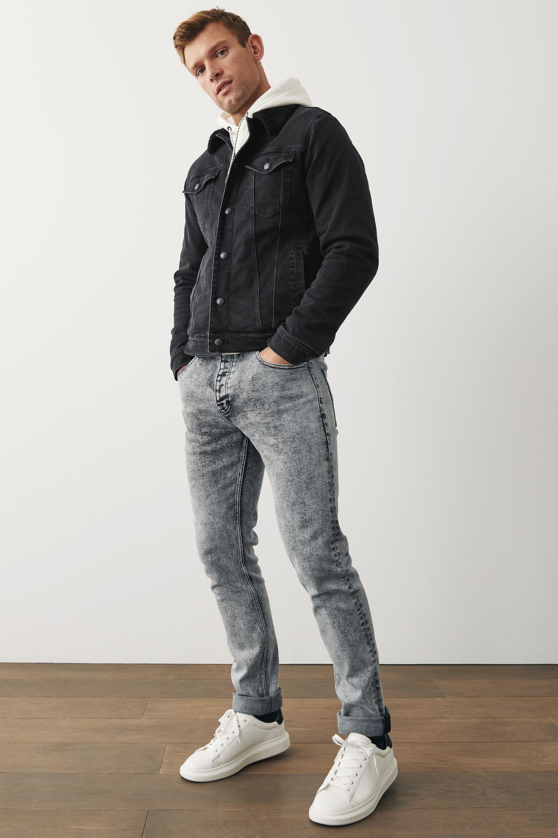 Grey denim jacket borg collar online