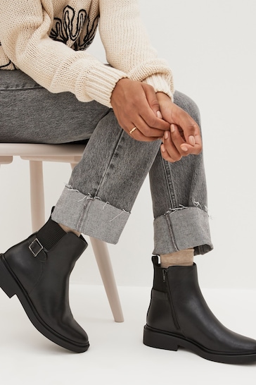 Black Regular/Wide Fit Forever Comfort® Buckle Detail Ankle Boots