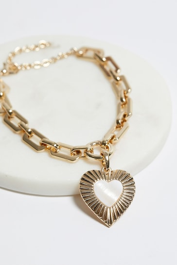 Mood Gold Tone Mother Of Pearl Textured Heart T-Bar Bracelet