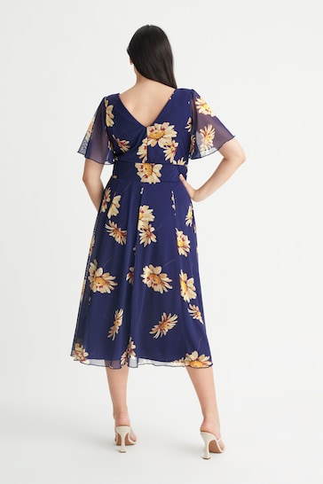 Scarlett & Jo Navy Blue Sunflower Victoria Angel Sleeve Mesh Midi Dress
