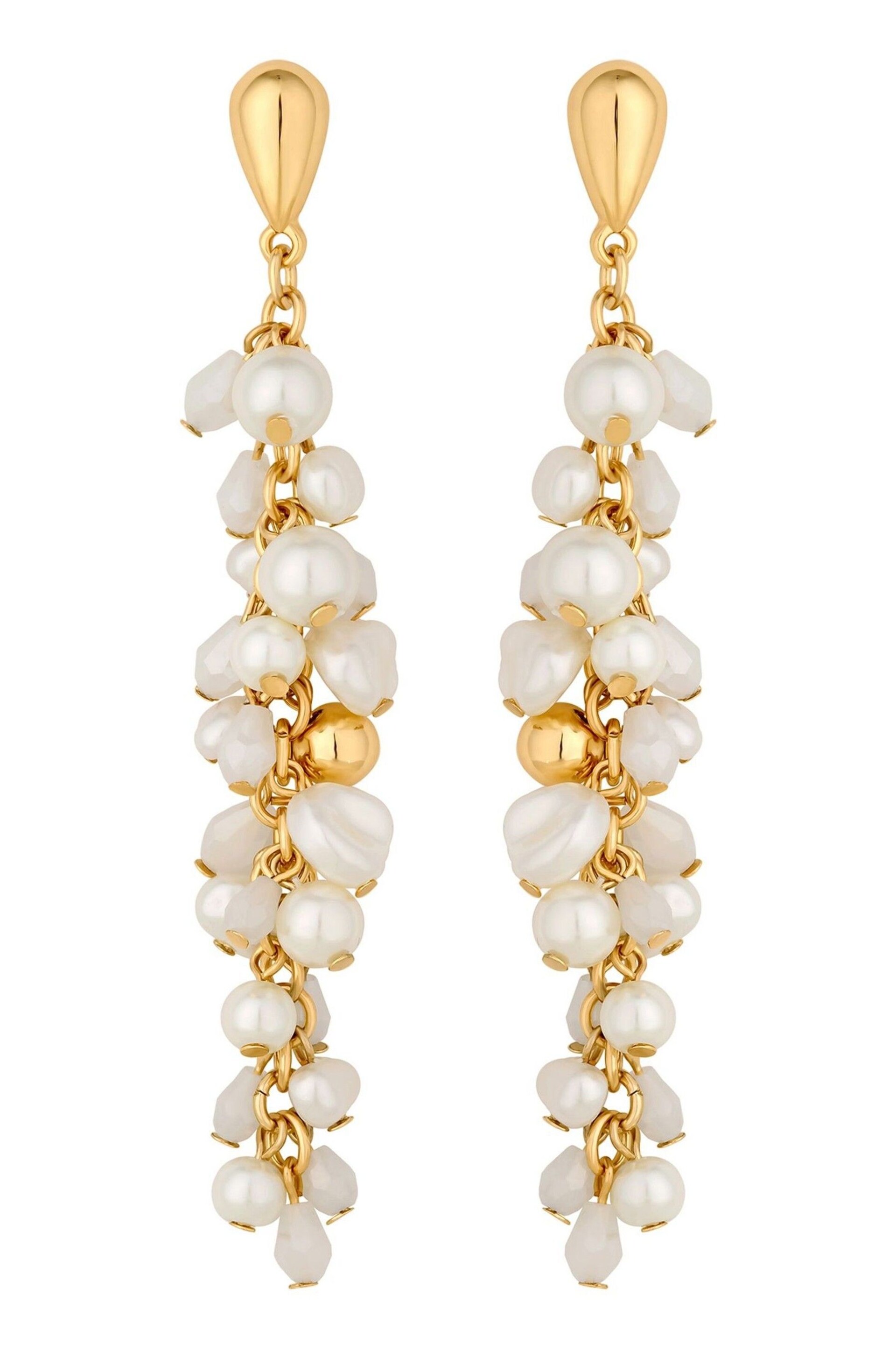 Mood Gold Tone Pearl And Polished Cluster Long Drop Earrings - Image 1 of 3