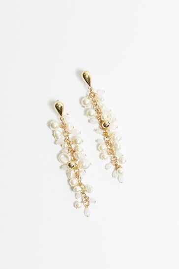 Mood Gold Tone Pearl And Polished Cluster Long Drop Earrings