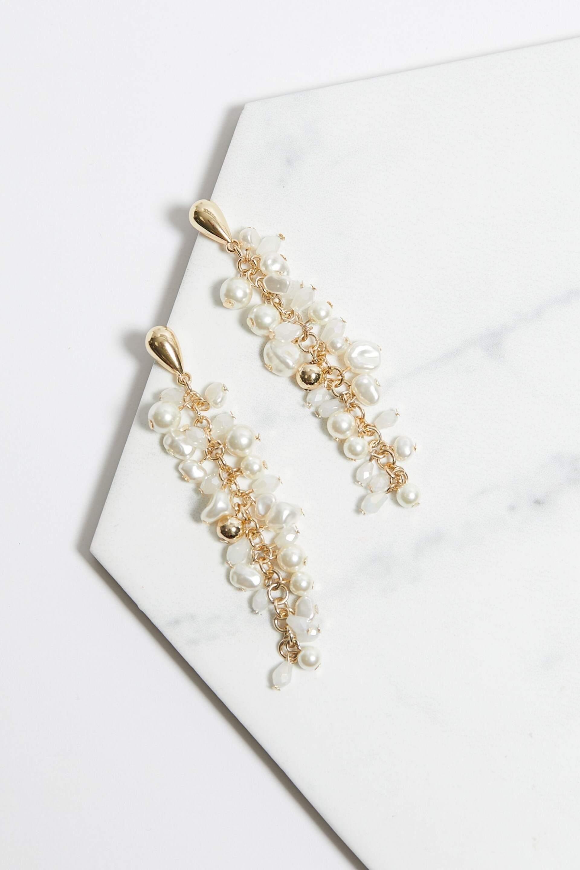 Mood Gold Tone Pearl And Polished Cluster Long Drop Earrings - Image 2 of 3