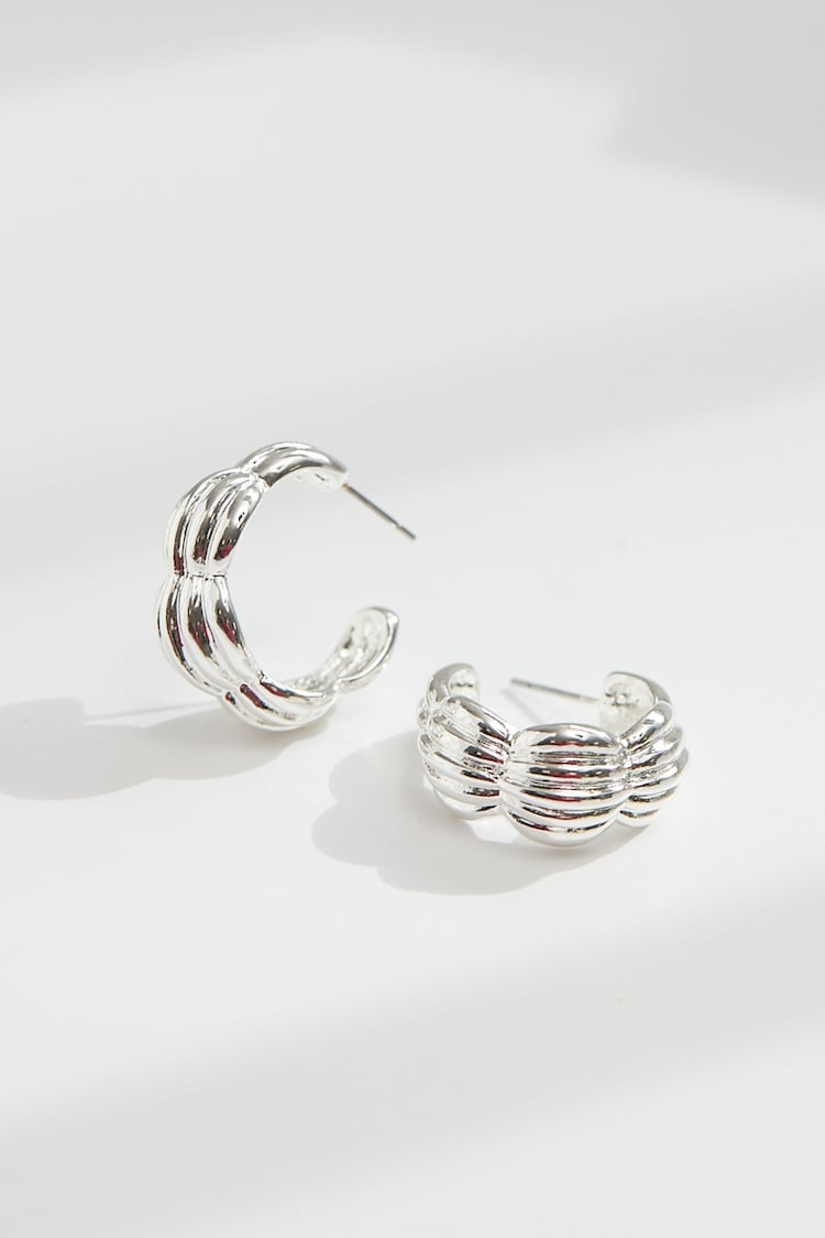 Mood Silver Tone Recycled Polished Tapered Ribbed Hoop Earrings - Image 1 of 3