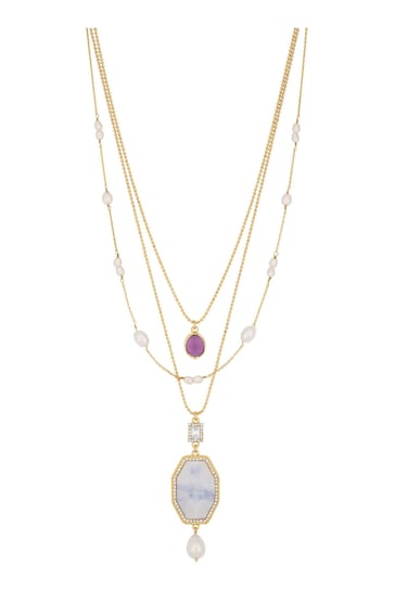 Mood Gold Toned Opal Iridescent Stone And Charmed Multirow Long Pendant Necklace Pack of 3