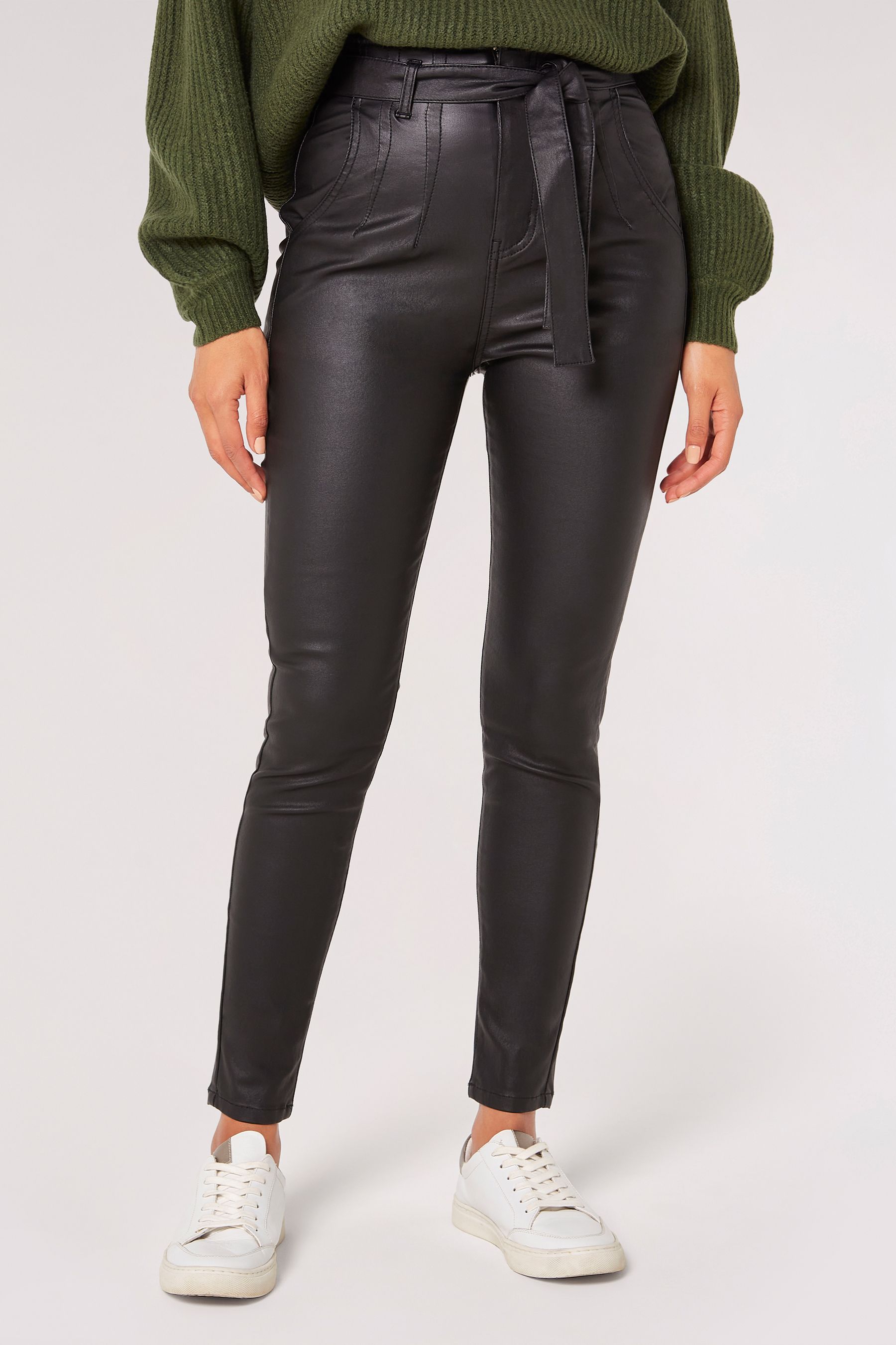 Leather look store belted trousers