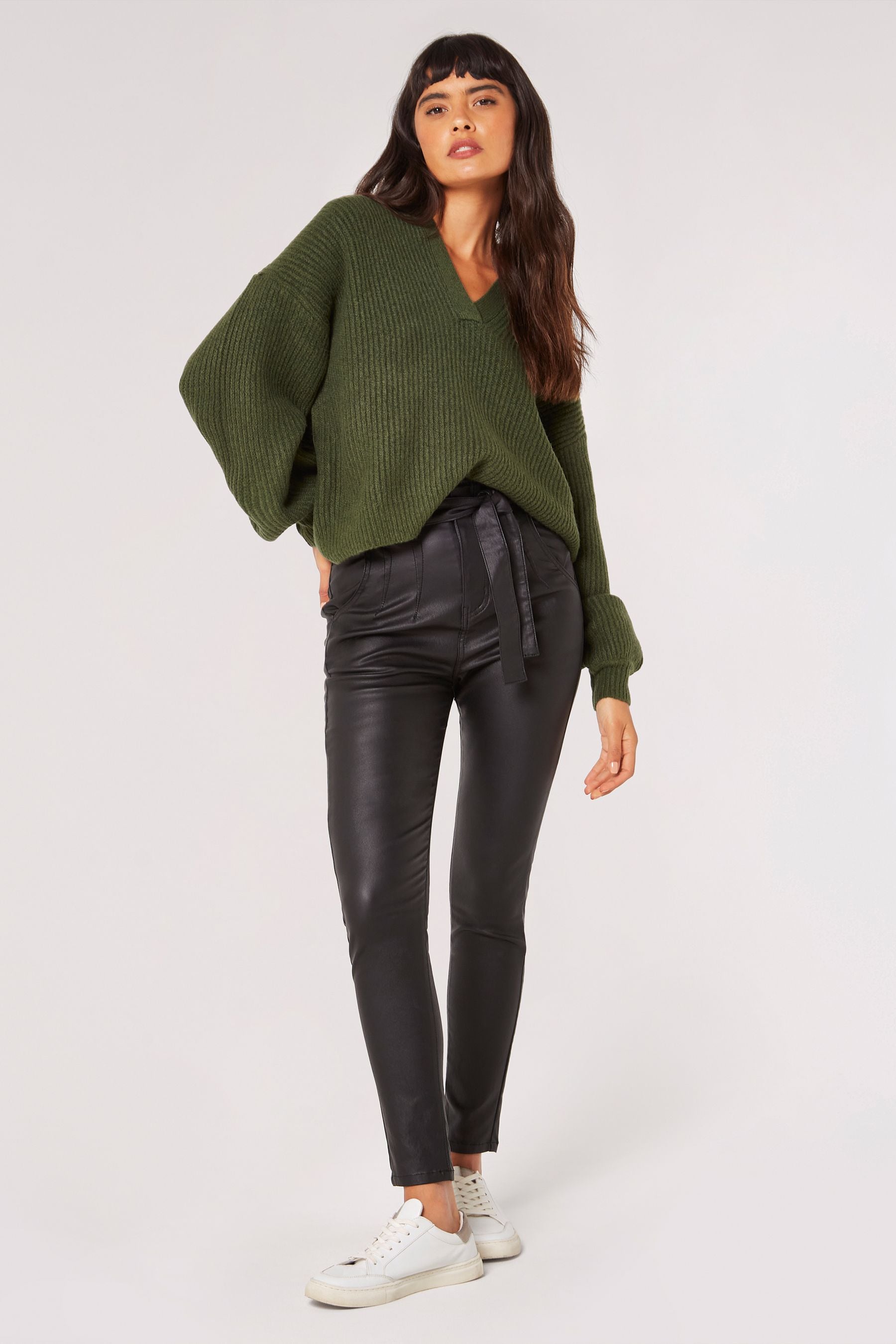 Leather look store belted trousers