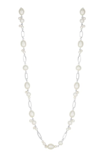 Mood Silver Tone Pearl And Chain Long Rope Necklace