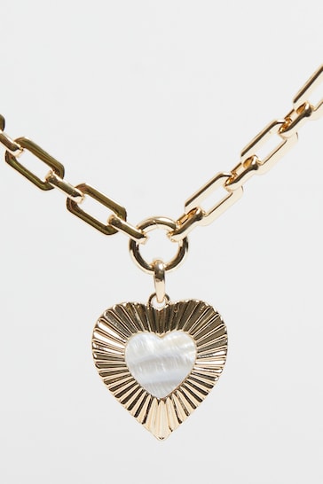 Mood Gold Tone Mother Of Pearl Textured Heart Short Pendant Necklace