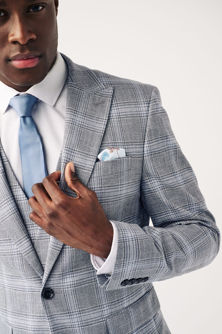 Light Grey Slim Fit Check Suit Jacket - Image 3 of 8