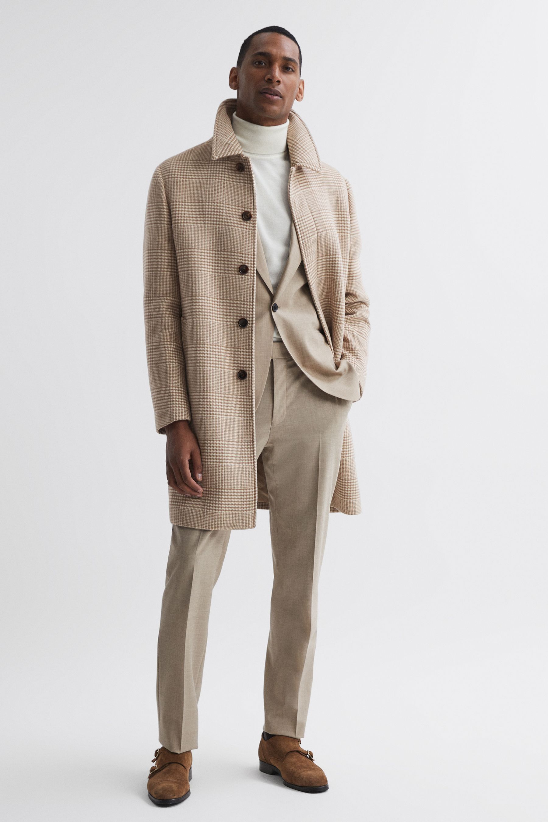 Buy Reiss Oatmeal Bellagio Wool Check Mid Length Coat from the