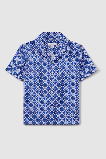 Reiss Bright Blue/White Tintipan Printed Cuban Collar Shirt