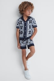 Reiss Navy Multi Hyde Teen Knitted Cuban Collar Button-Through Shirt - Image 3 of 6