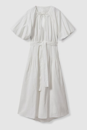 Reiss White Alice Lyocell Blend Puff Sleeve Midi Dress