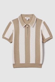 Reiss Soft Taupe/Optic White Paros Junior Knitted Striped Half-Zip Polo Shirt - Image 2 of 4