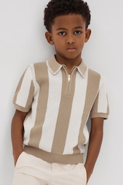 Reiss Soft Taupe/Optic White Paros Junior Knitted Striped Half-Zip Polo Shirt - Image 3 of 4