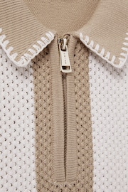 Reiss Soft Taupe/Optic White Paros Junior Knitted Striped Half-Zip Polo Shirt - Image 4 of 4