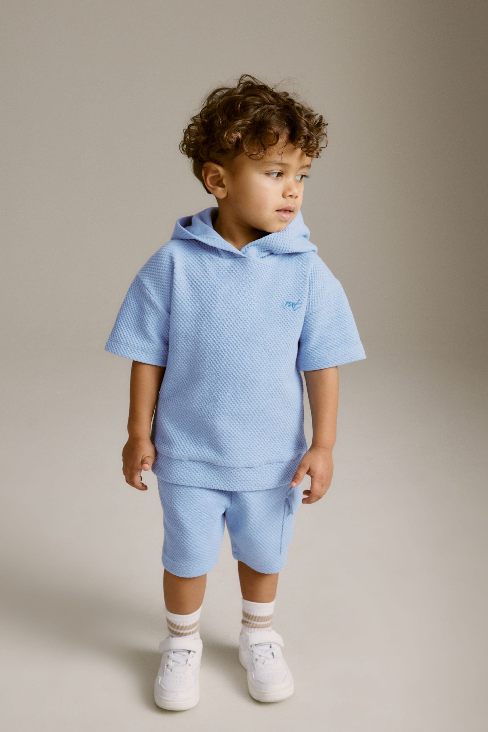 Teal Blue Short Sleeve Textured Hoodie and Shorts Set (3mths-7yrs) - Image 1 of 8