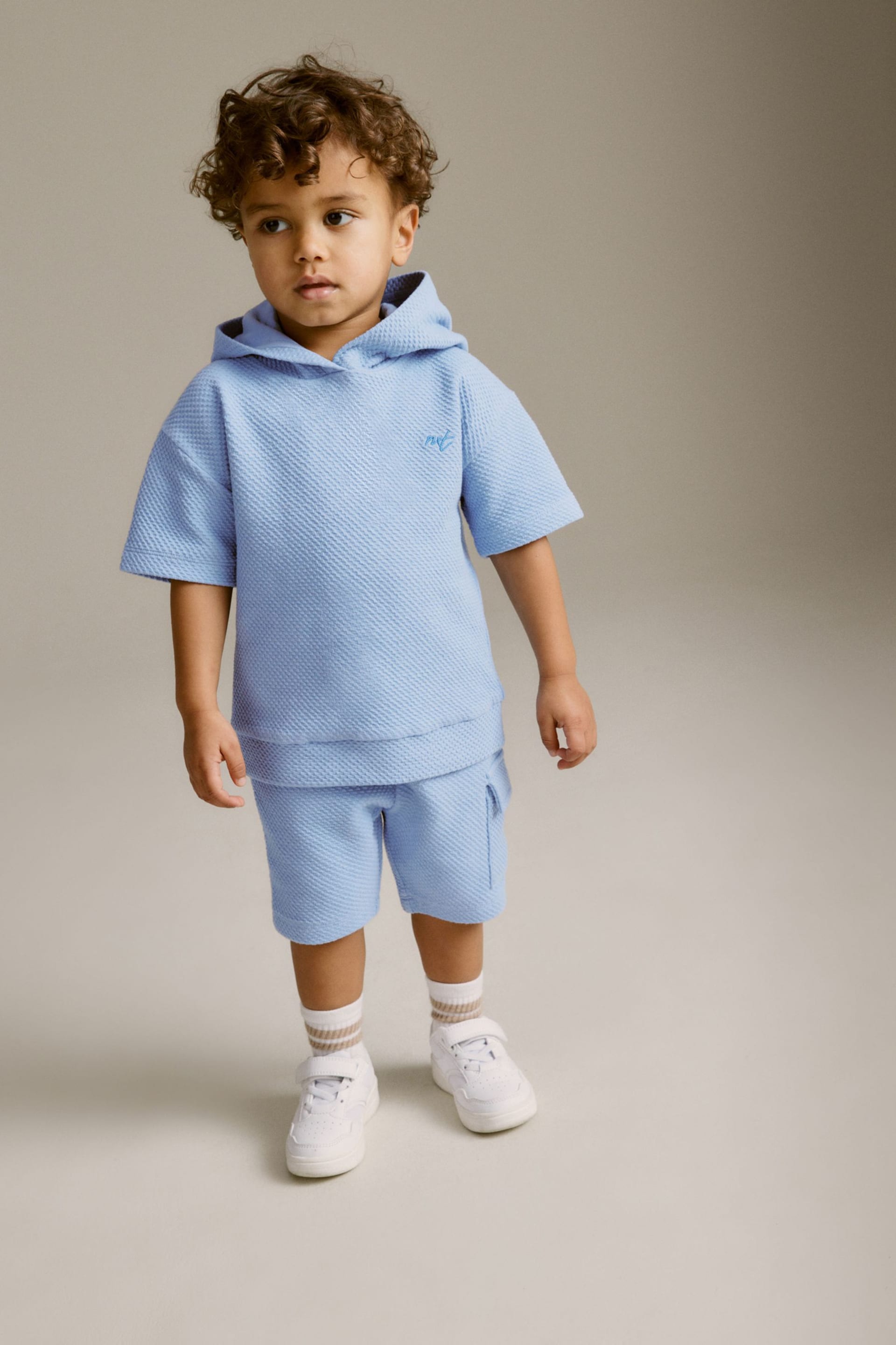 Teal Blue Short Sleeve Textured Hoodie and Shorts Set (3mths-7yrs) - Image 2 of 8