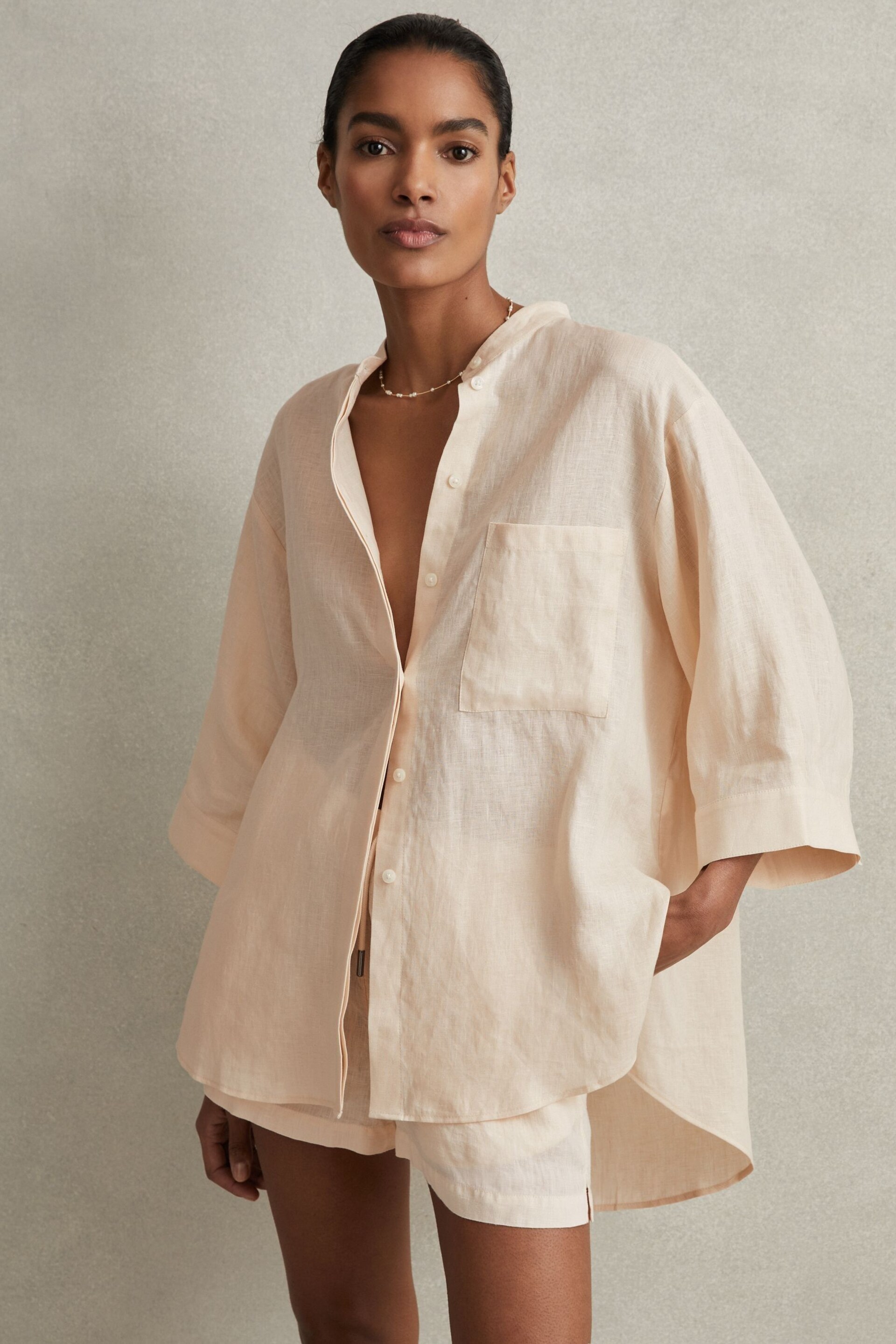 Reiss Blush Winona Relaxed Sleeve Linen Shirt - Image 1 of 6