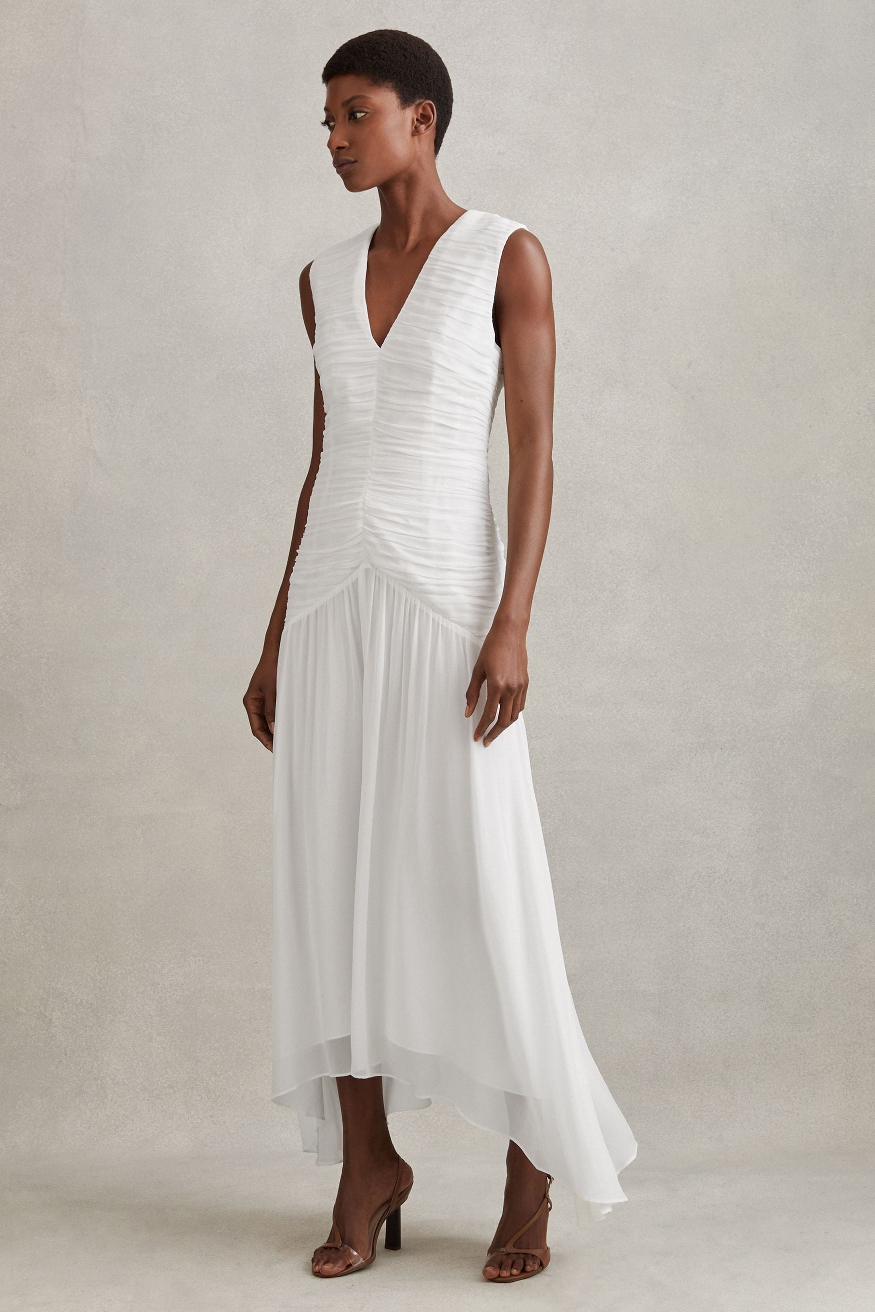 Reiss Ivory Saffy Ruched Bodycon Midi Dress 6 Womens