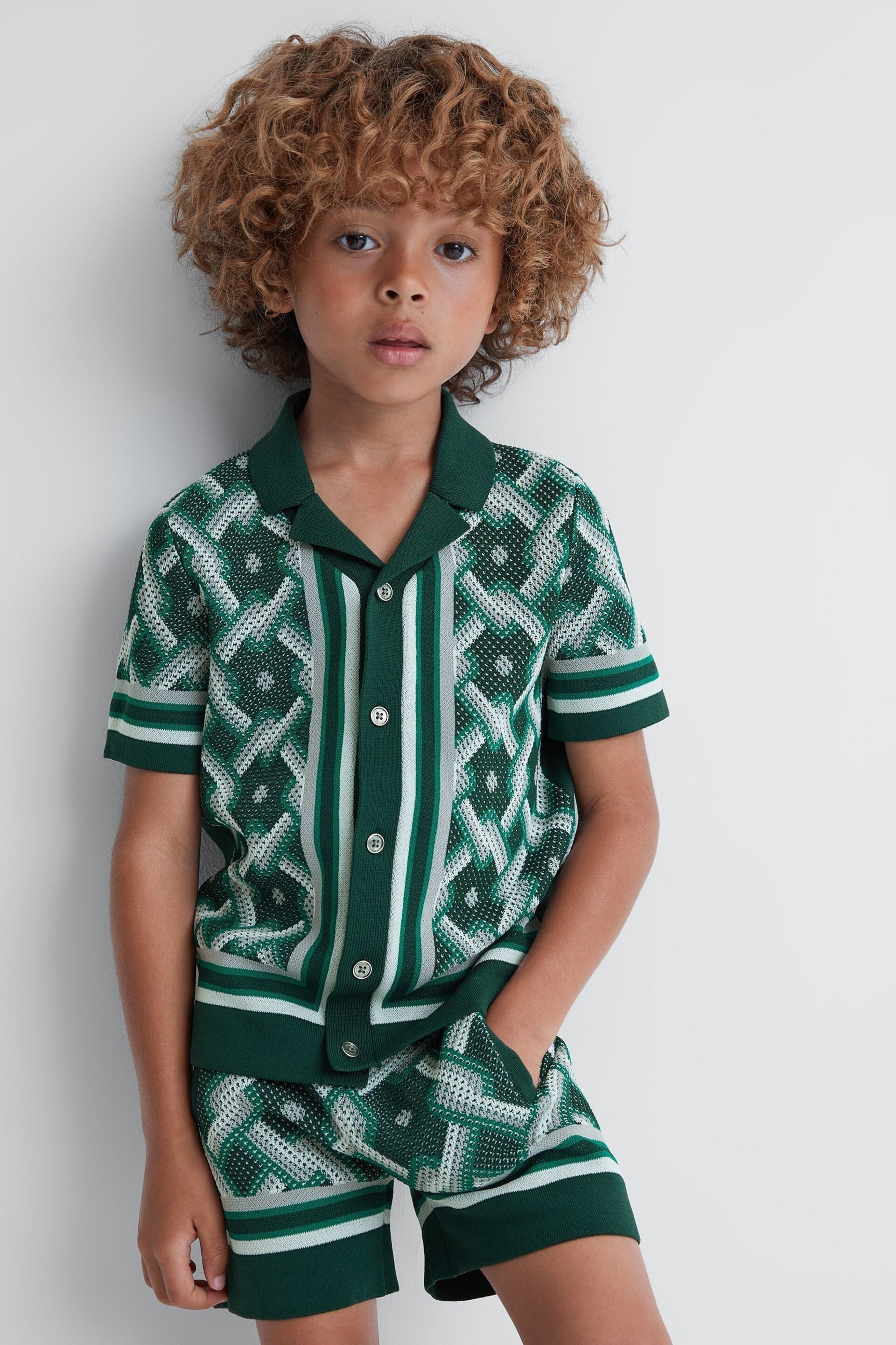 Reiss Green Multi Hyde Teen Knitted Cuban Collar Button-Through Shirt - Image 1 of 6