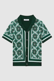 Reiss Green Multi Hyde Teen Knitted Cuban Collar Button-Through Shirt - Image 2 of 6