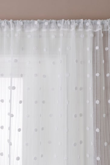 White Pom Pom Slot Top Unlined Sheer Panel Voile Curtain