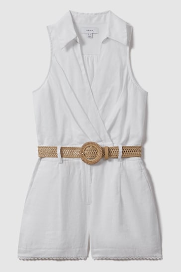 Reiss Ivory Mila Linen Double Breasted Belted Playsuit
