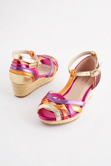 Bright Rainbow Woven Wedge Ankle Strap Sandals