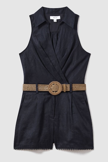 Reiss Navy Mila Linen Double Breasted Belted Playsuit