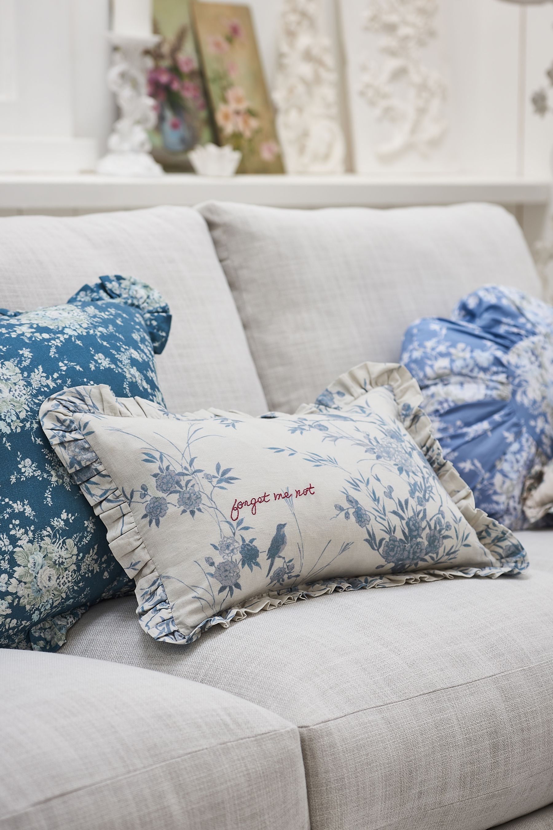 Shabby Chic by Rachel Ashwell Blue Forget Me Not Cotton Linen Mix Ruffle Cushion
