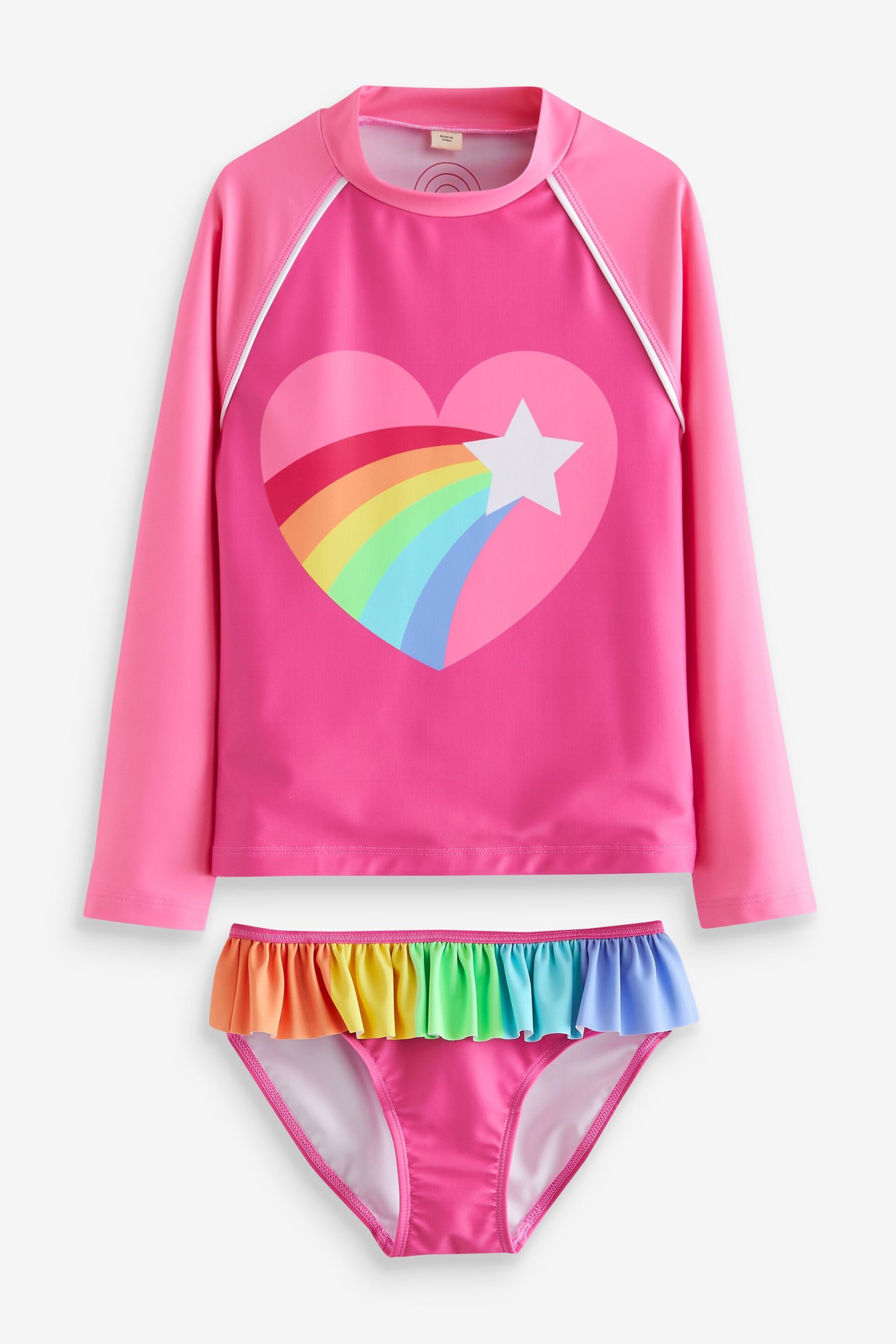 Little Bird by Jools Oliver Pink Long Sleeve Pink Heart Rash Top and Frill Bottoms Swim Set - Image 1 of 4