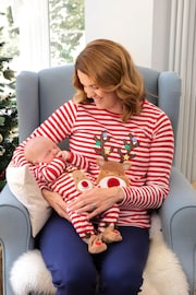 JoJo Maman Bébé Red Stripe Reindeer Appliqué Cotton Baby Sleepsuit - Image 2 of 7