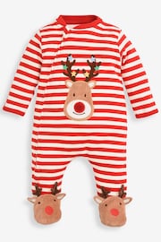 JoJo Maman Bébé Red Stripe Reindeer Appliqué Cotton Baby Sleepsuit - Image 3 of 7