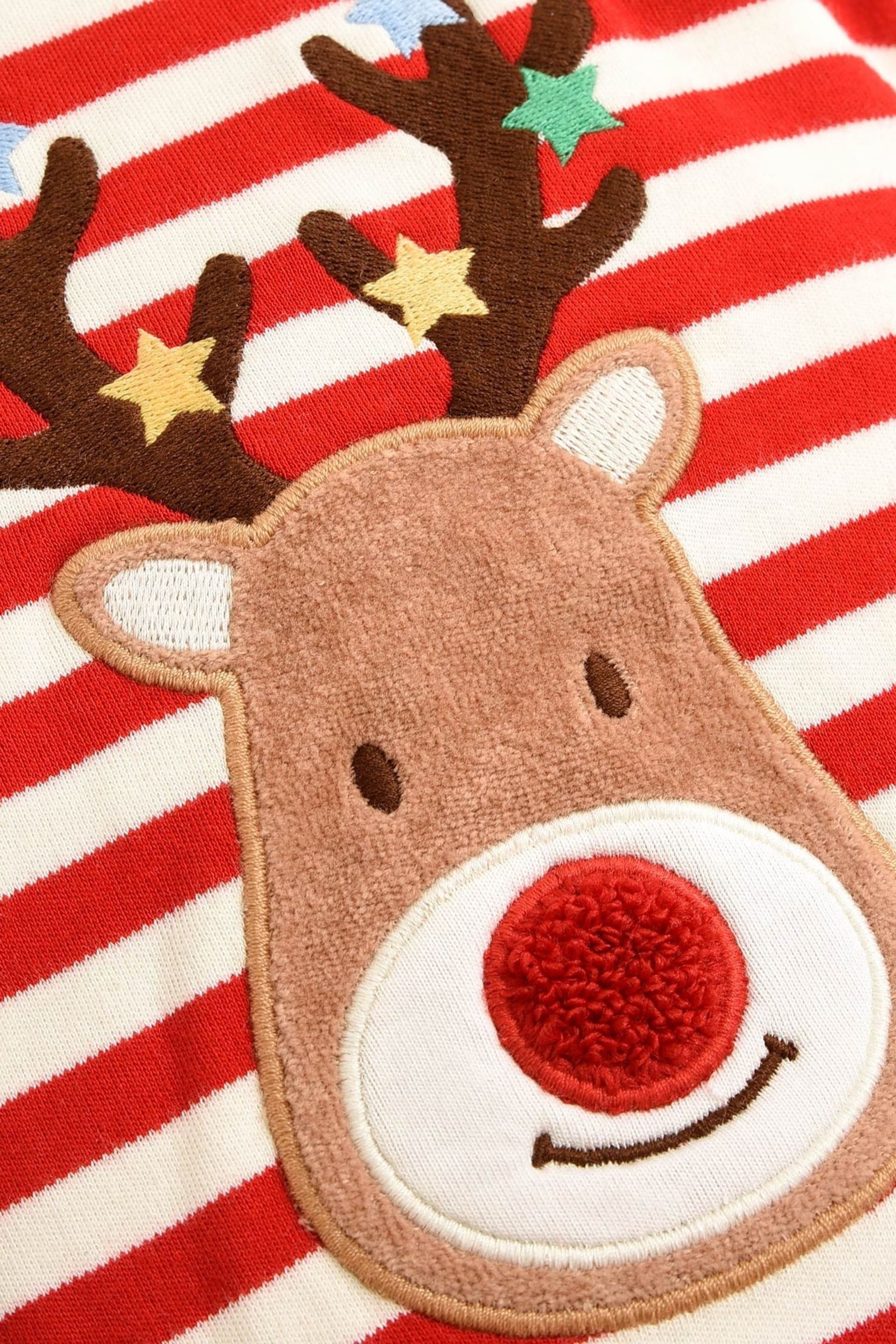JoJo Maman Bébé Red Stripe Reindeer Appliqué Cotton Baby Sleepsuit - Image 6 of 7