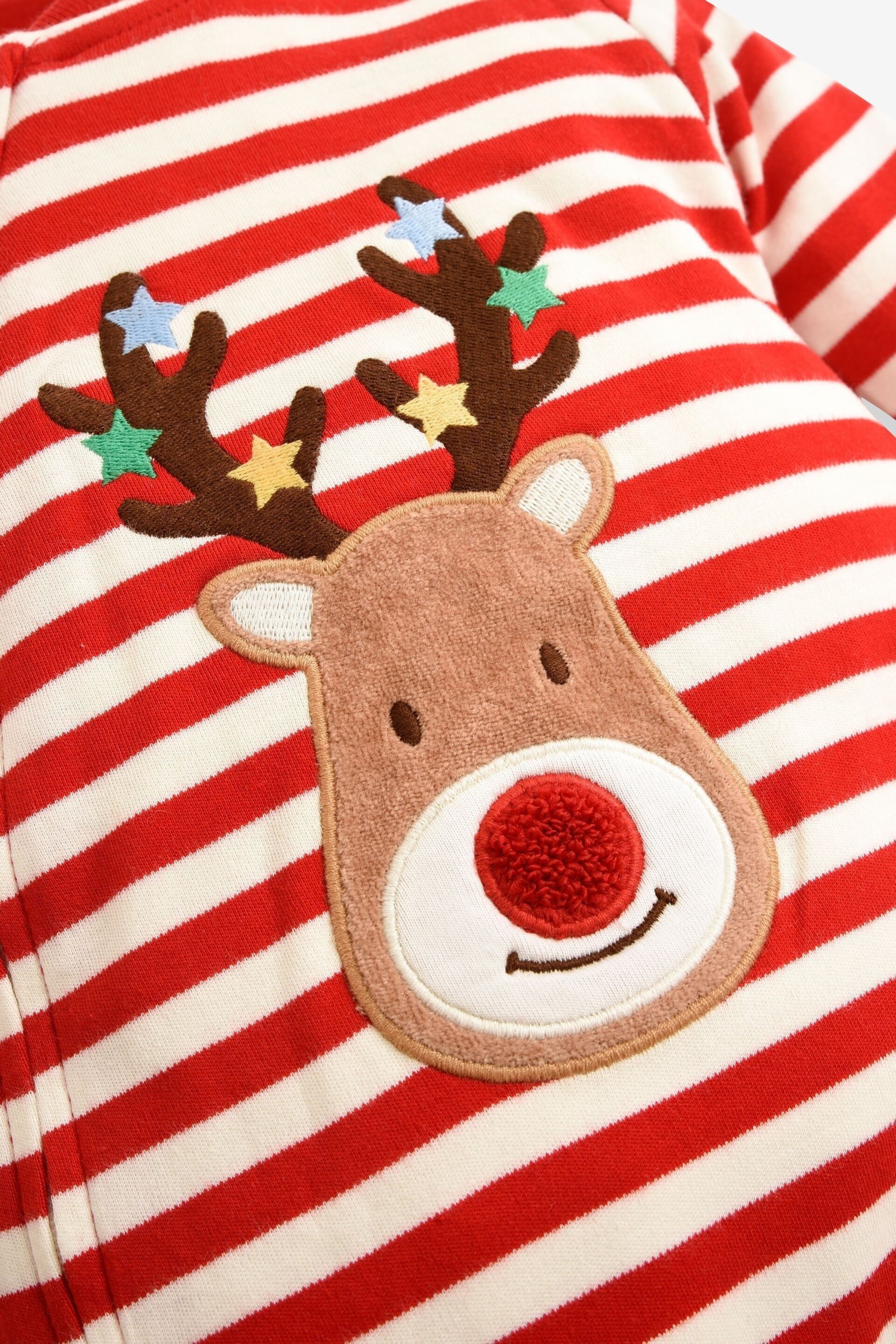 JoJo Maman Bébé Red Stripe Reindeer Appliqué Cotton Baby Sleepsuit - Image 7 of 7
