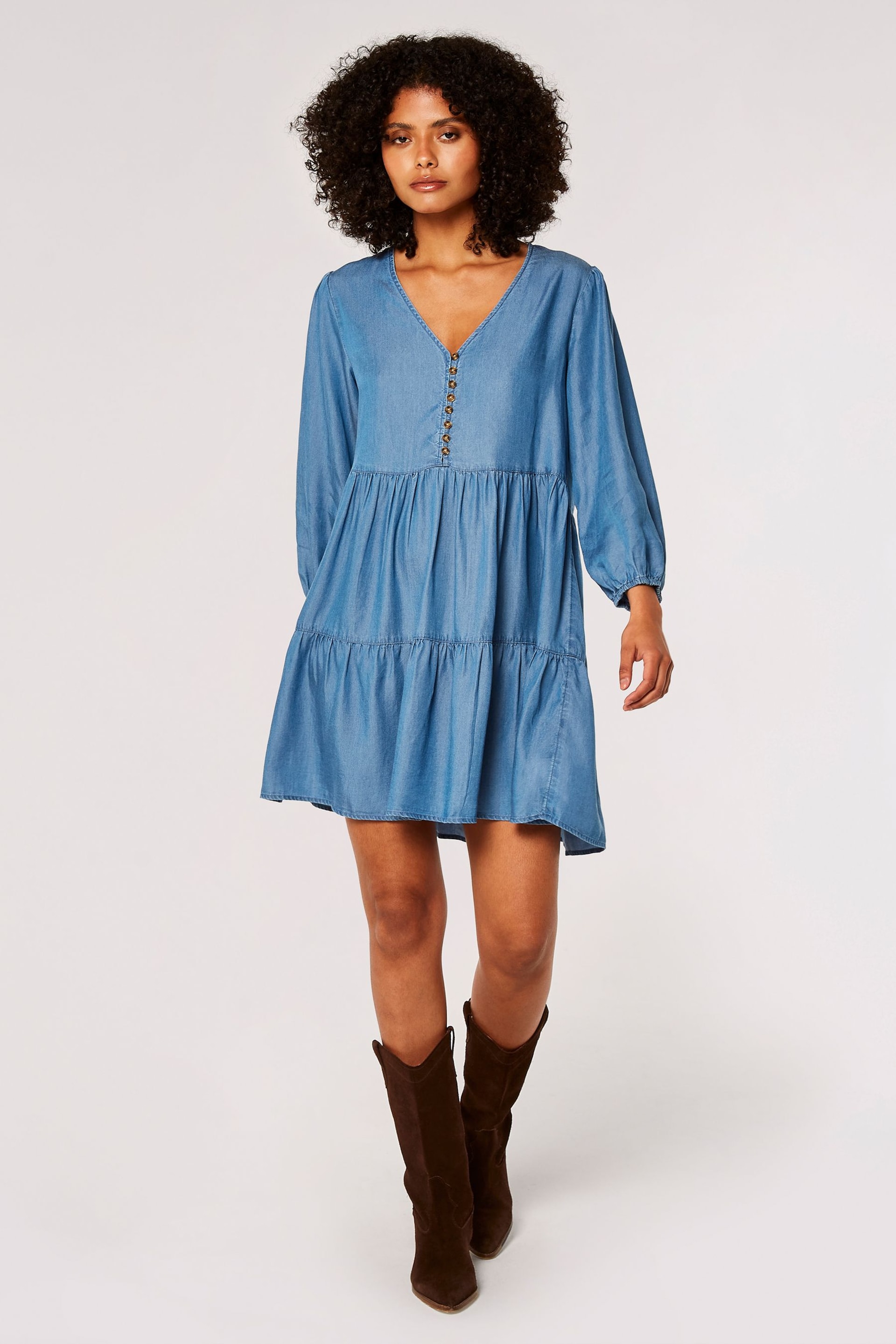 Apricot Blue Denim Tiered Dress - Image 3 of 4