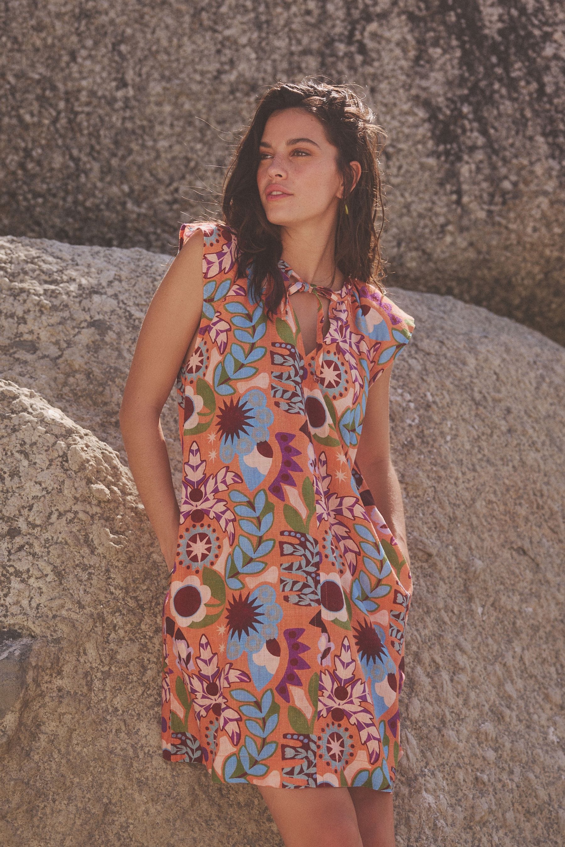 Buy Orange Tropical Print Linen Blend V Neck Summer Sleeveless Shift Dress from Next Luxembourg