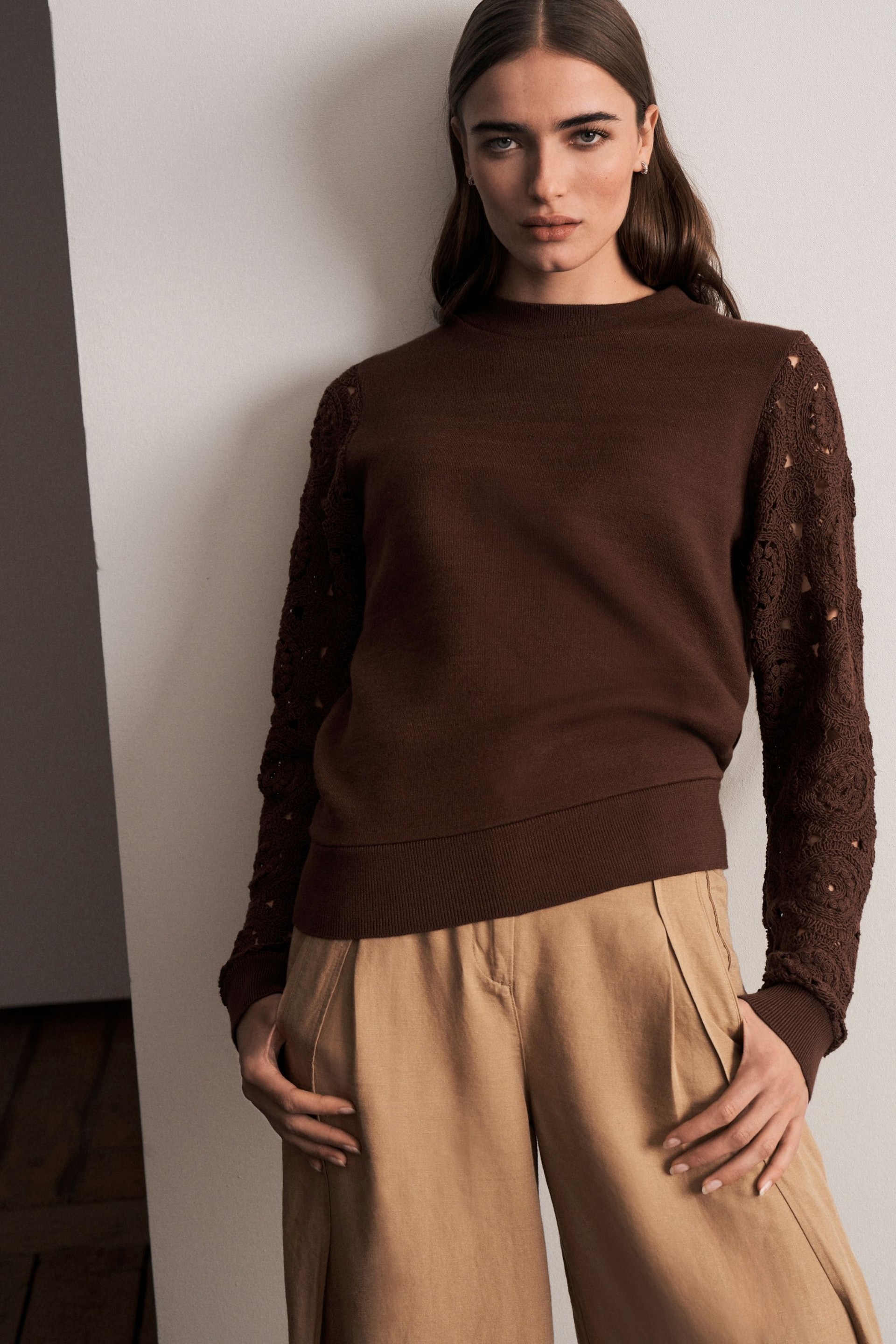 Chocolate Brown Crochet Sleeve Cosy Knit Crew Neck Long Sleeve Jumper Top - Image 2 of 6