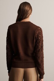 Chocolate Brown Crochet Sleeve Cosy Knit Crew Neck Long Sleeve Jumper Top - Image 3 of 6