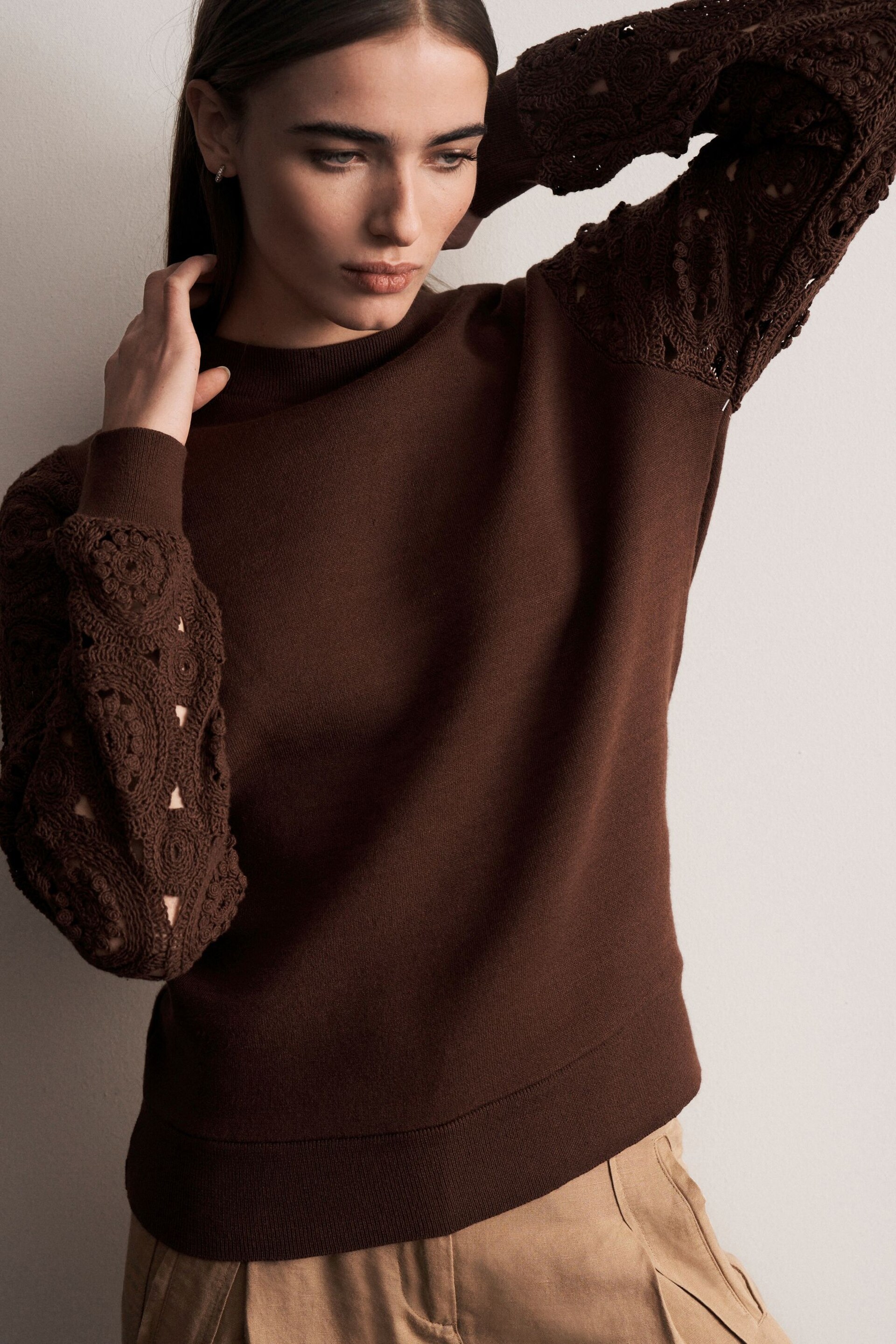 Chocolate Brown Crochet Sleeve Cosy Knit Crew Neck Long Sleeve Jumper Top - Image 4 of 6