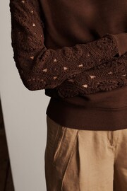 Chocolate Brown Crochet Sleeve Cosy Knit Crew Neck Long Sleeve Jumper Top - Image 5 of 6