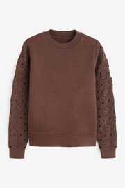 Chocolate Brown Crochet Sleeve Cosy Knit Crew Neck Long Sleeve Jumper Top - Image 6 of 6