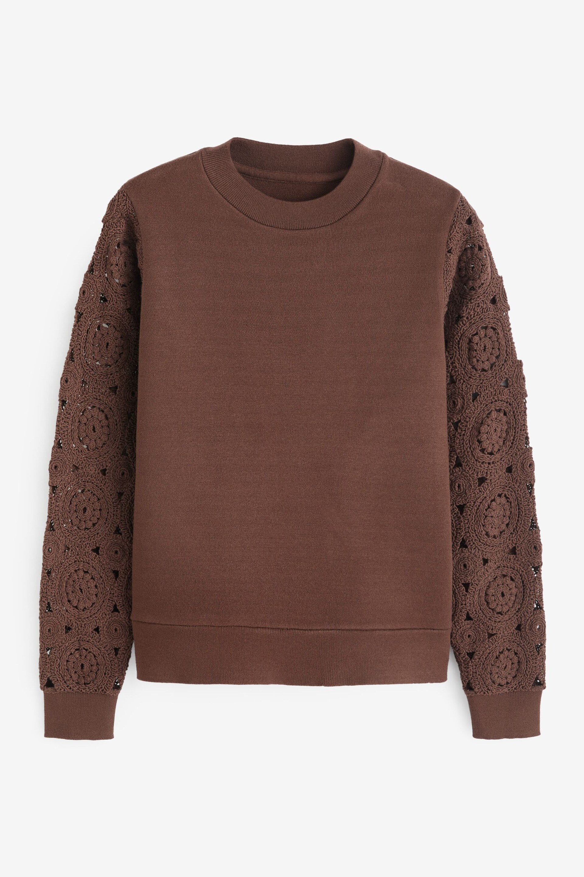 Chocolate Brown Crochet Sleeve Cosy Knit Crew Neck Long Sleeve Jumper Top - Image 6 of 6