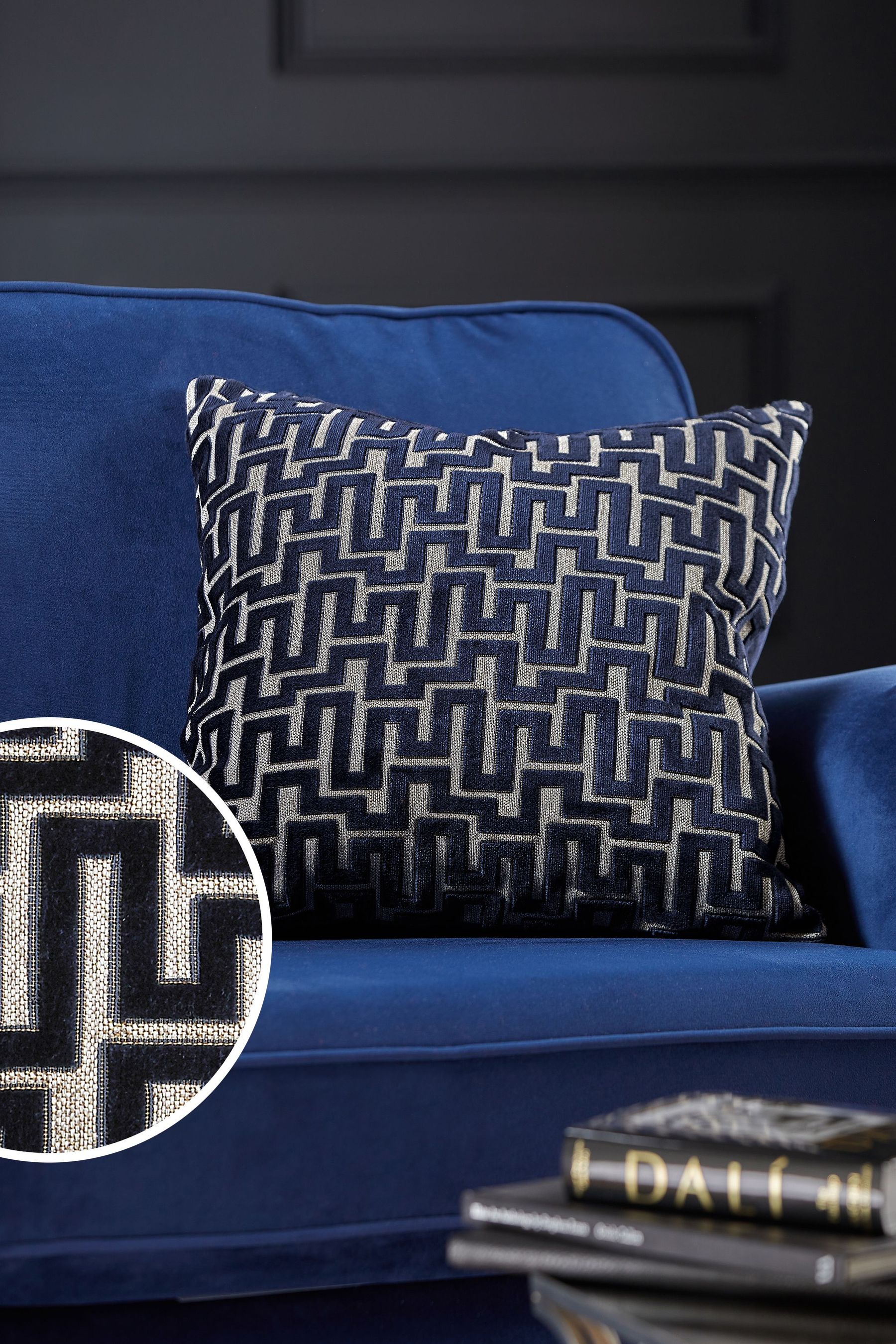 Buy Navy Blue Small Square Fretwork Cushion from Next Luxembourg