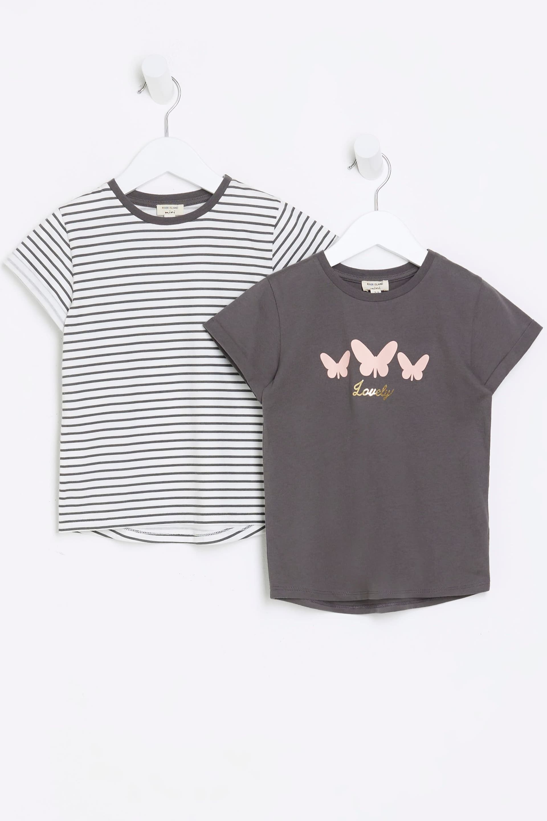 River Island White/Grey Mini Girls Stripe T-Shirts 2 Pack - Image 1 of 4