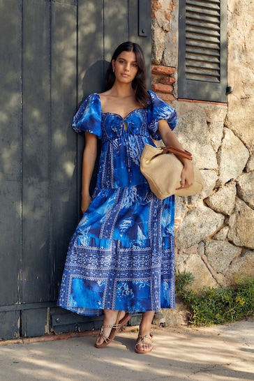 Blue Print Puff Sleeve Maxi Dress