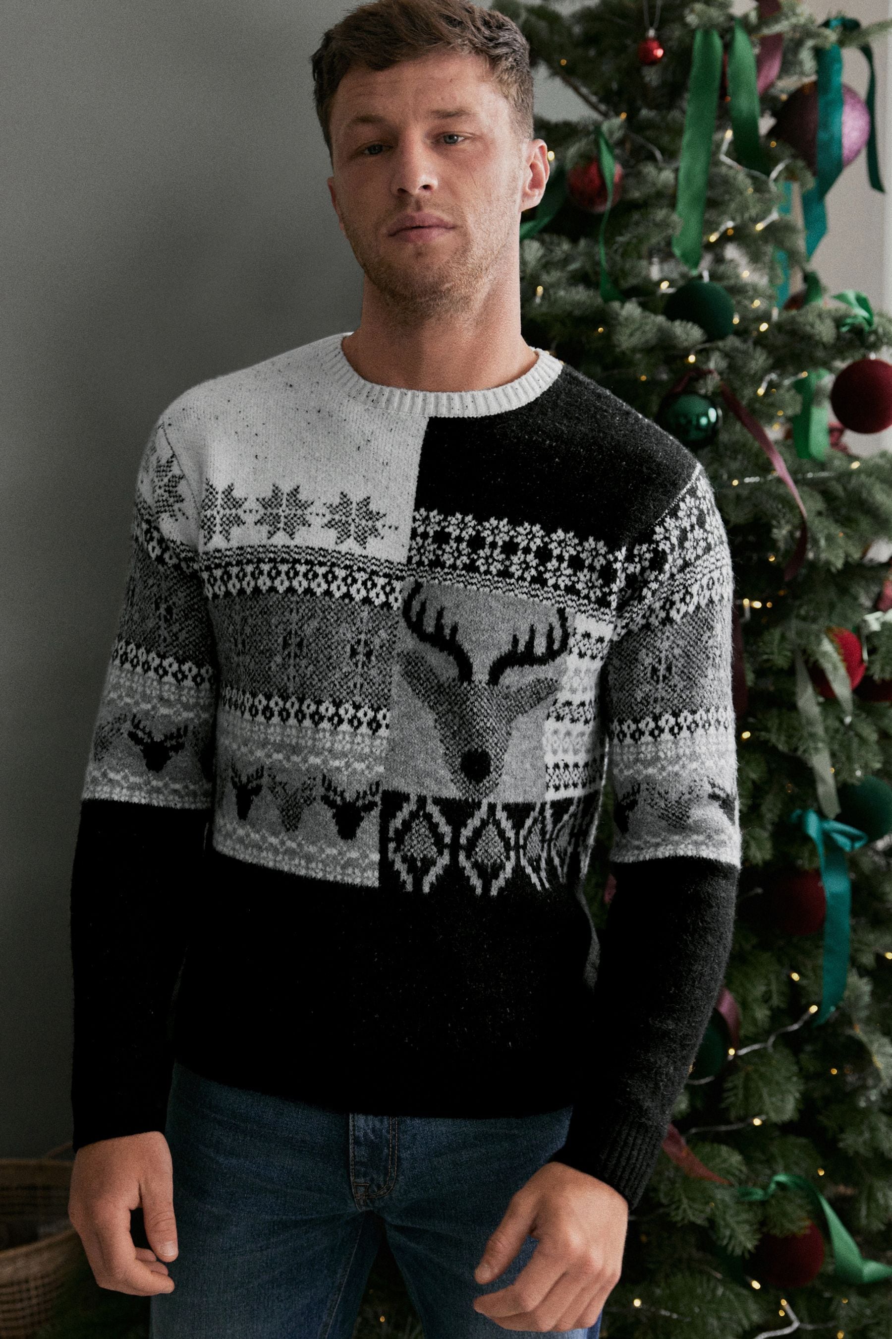 Buy Black White Regular Reindeer Christmas Mens Knitted Jumper from Next Luxembourg
