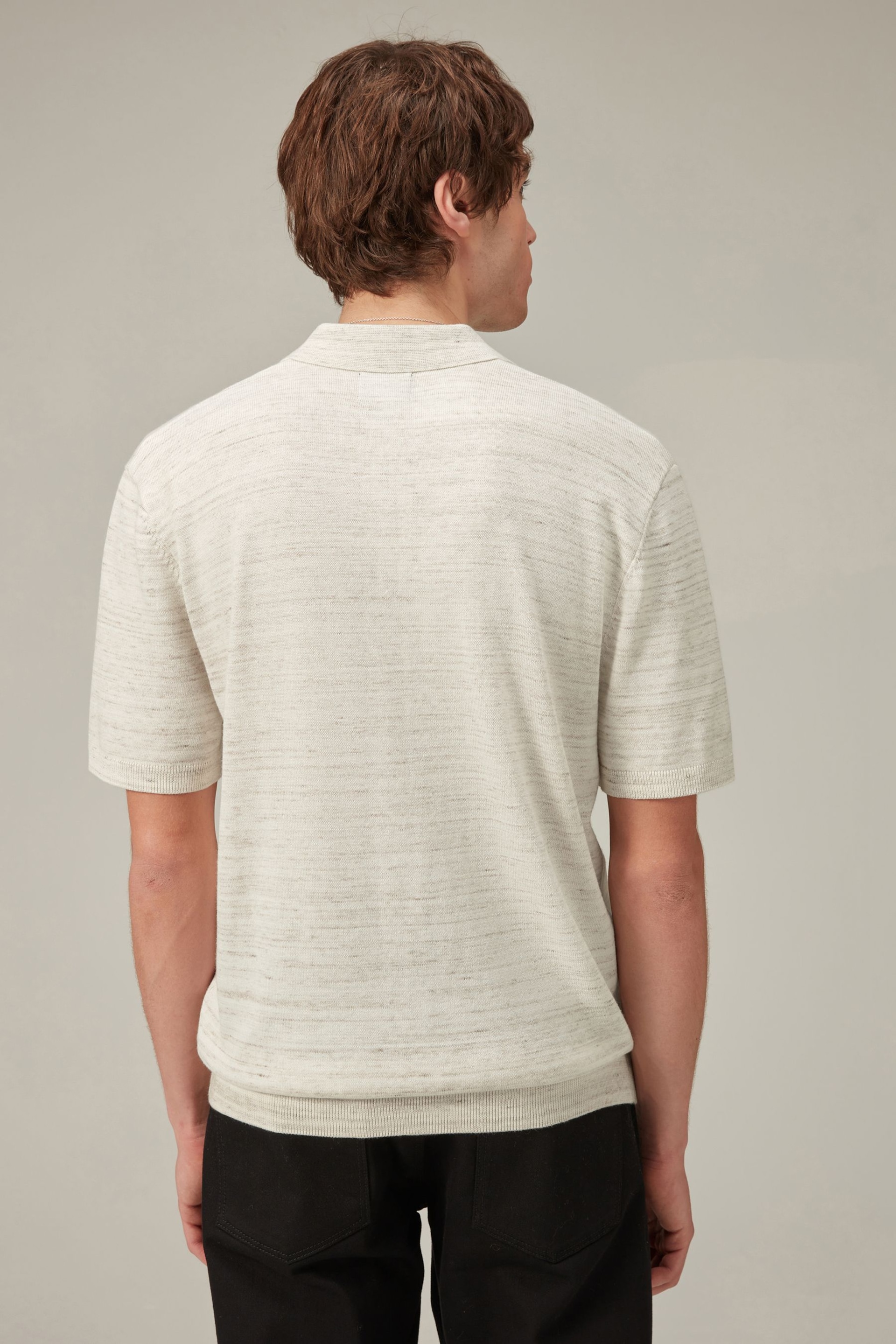 Natural Linen Blend Knitted Polo Shirt - Image 3 of 7